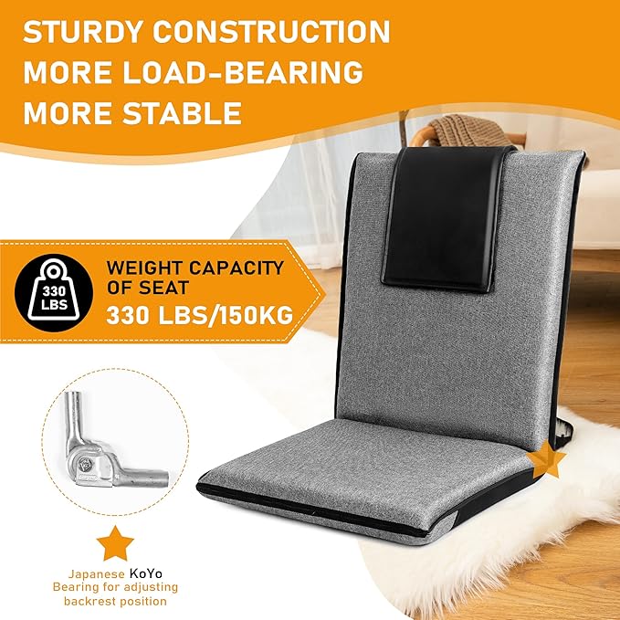 Floor Chair with Water Repellent Fabric 14-Position Adjustable Floor Chair with Back Support Portable Floor Seat for Adults Foldable Meditation Seat with Washable Cover (Dark Grey)