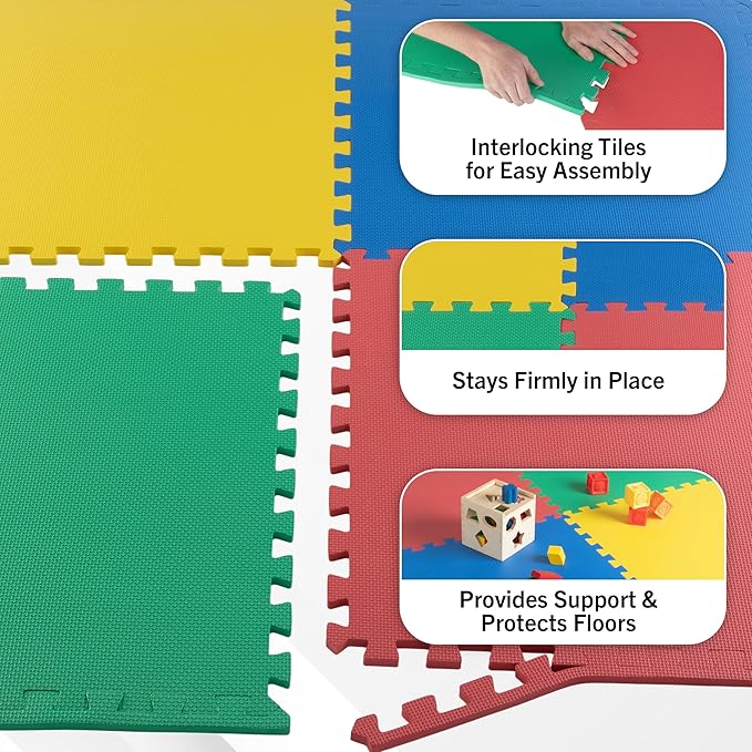 EVA Foam Mat Tiles 12-Pack - 48 SQ FT Interlocking Padding for Playroom or Gym Flooring - Workout Mat or Baby Playmat by Stalwart (Multicolor)