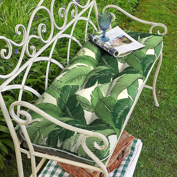 Tufted Bench Cushion for Outdoor Furniture, Patio Swing Cushion 44 x 19 x 5 Inch, Overstuffed Outdoor Chair Cushion for Garden Loveseat Lounge Storage, 1 Pack, Swaying Palms Green