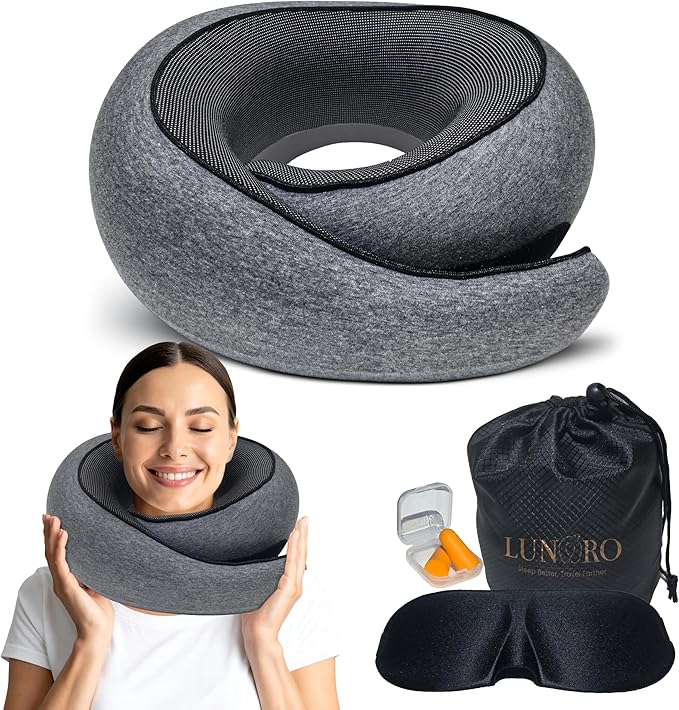 Premium Memory Foam Travel Neck Pillow for Airplane & Car – Updated Ergonomic Wrap-Around Design with Adjustable Strap, Washable Cover, Carry Bag & Sleep Mask– Travel Essentials for Men & Women