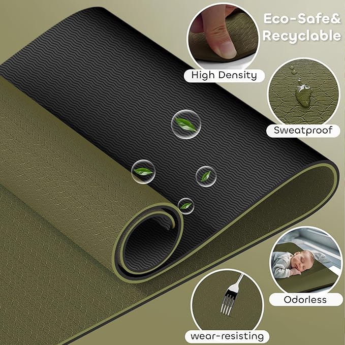 Non-slip TPE Yoga Mat for Women & Men,72"x24" Double-Sided Workout Mat for Home Gym Pilates Fitness,1/4 Inch Packable Lightweight Exercise Mat with Strap for Travel,Non Toxic Exercise Floor Mat