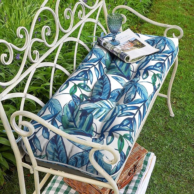 Tufted Bench Cushion for Outdoor Furniture, Patio Swing Cushion 44 x 19 x 5 Inch, Overstuffed Outdoor Chair Cushion for Garden Loveseat Lounge Storage, 1 Pack, Leaves Ink Blue