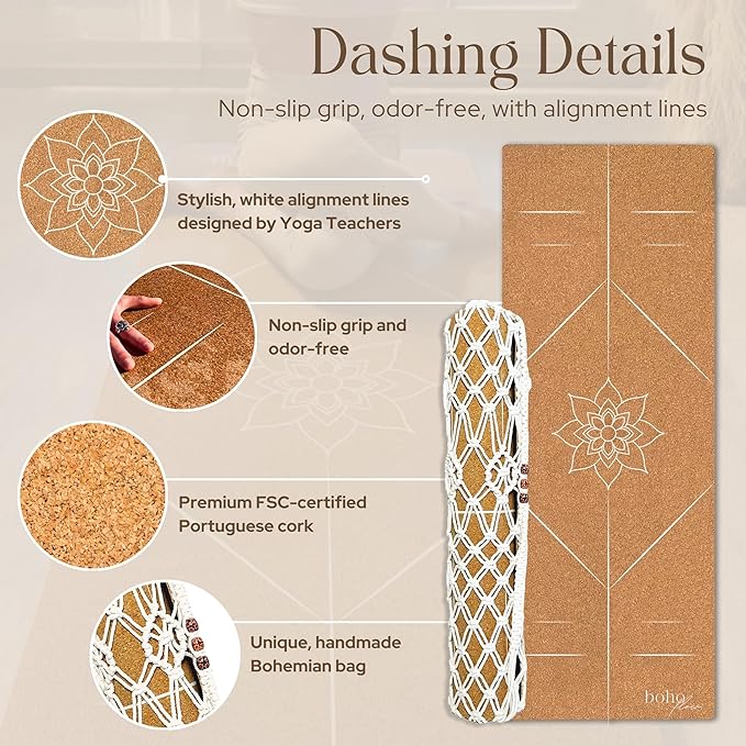 Premium Cork Yoga Mat Large 72"x26" – 5mm Thick Natural Rubber Cushioning - Non Slip Grip for Hot Yoga - Optional Alignment Lines & Elegant Yoga Bag Or Strap
