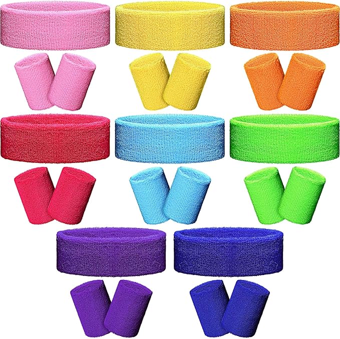 SATINIOR 8 Sets 80s Sweat Band and Wristband Sports Neon Headbands Exercise Sweatbands Gym Wristbands for Men Women Sports Activities(Fresh Color)