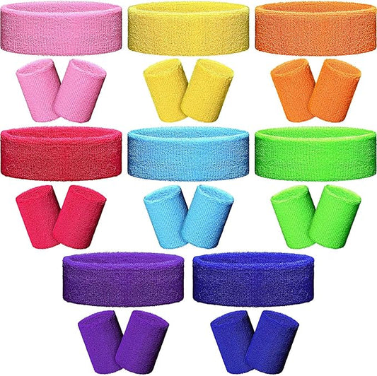 SATINIOR 8 Sets 80s Sweat Band and Wristband Sports Neon Headbands Exercise Sweatbands Gym Wristbands for Men Women Sports Activities(Fresh Color)
