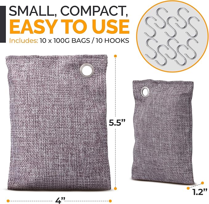 Activated Charcoal Odor Absorber for Strong Odors in Car, Closet, Shoe, Basement. 10 Activated Charcoal Bags Odor Absorbers for Home. Bamboo Charcoals Air Purifying Bag Charcoals Deodorizer Eliminator