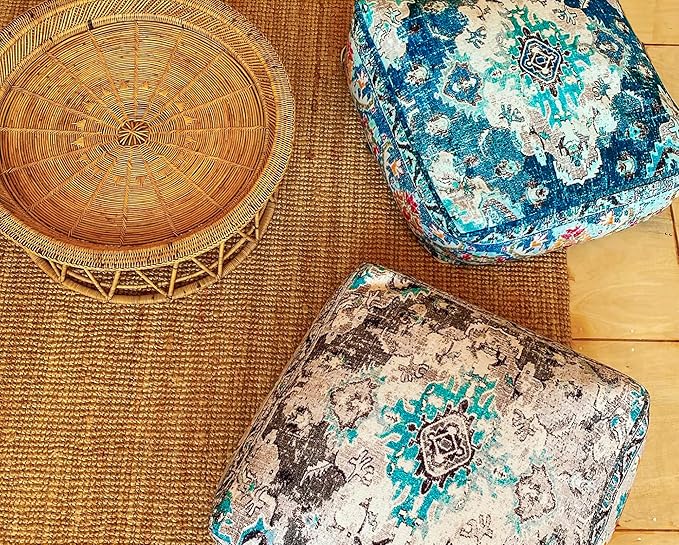 Blue Square Floor Pillow Cover Large Yoga Décor Cushion Moroccan Pouf Ottoman Boho Furniture Perfect for Living Room, Bedroom, Nursary or Children Room Seating Area Beanbag Footstool 24x8 Unstuffed