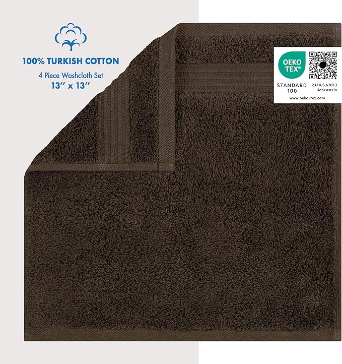 Cotton Paradise 100% Cotton Turkish Washcloth Set for Bathroom, 4 Piece Soft Absorbent Small Hand Face Towels Wash Rags, Brown