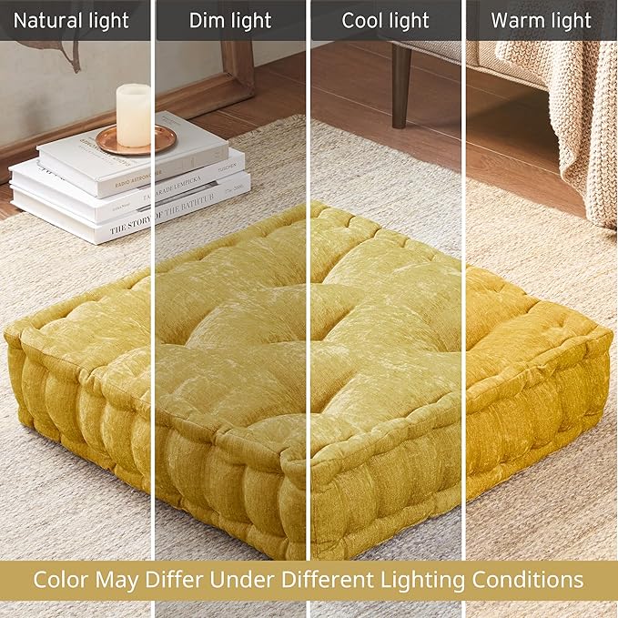 Intelligent Design Azza Floor Pillow, Large Cushions Sitting for Adults, Floor Pillow for Meditation or Yoga, Lustrous Chenille Tufted with Scalloped Edges for Bench/Chair Cushion, 20"x20"x5" Yellow
