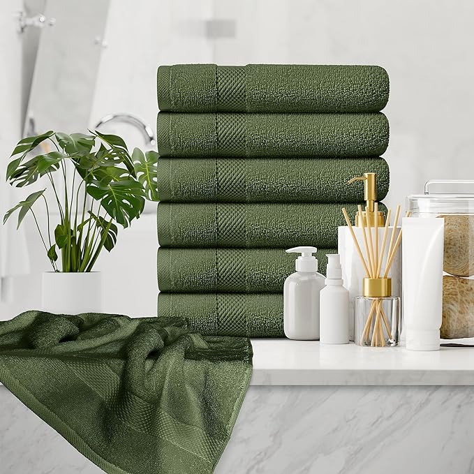 White Classic Luxury Hand Towels for Bathroom-Hotel-Spa-Kitchen-Set - Circlet Egyptian Cotton - 16x30 Inches - Set of 6 (Forest Green)