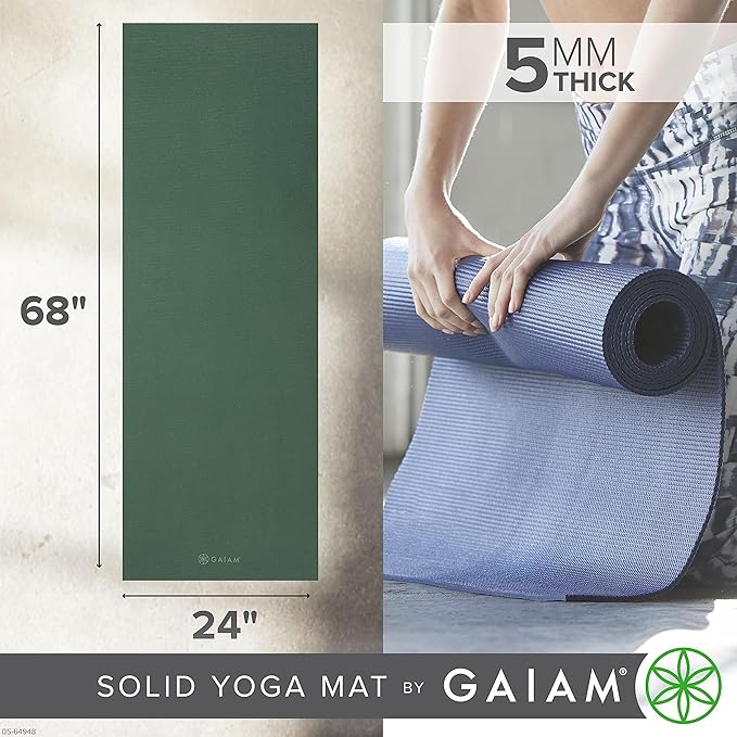Gaiam Yoga Mat - Premium 5mm Solid Thick Non Slip Exercise & Fitness Mat for All Types of Yoga, Pilates & Floor Workouts (68" x 24" x 5mm)