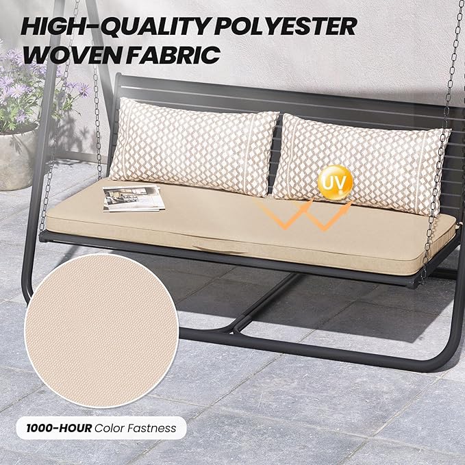 Crestlive Outdoor Bench Cushion 48 x 18 Inch, Waterproof Patio Furniture Cushions, Fade-Resistant Porch Swing Replacement Pad, Adjustable Straps and Handle, Beige