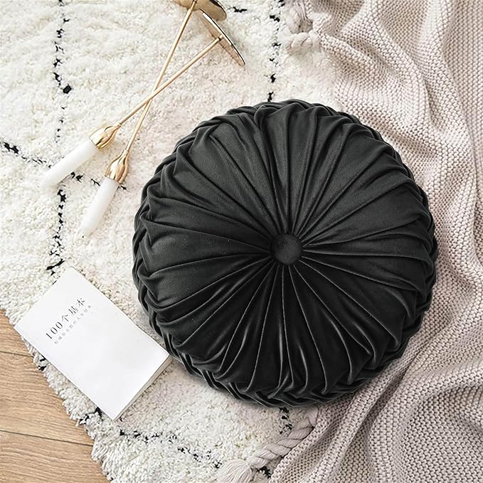 HIG Set of 2 Decorative Round Pleated Throw Pillows, Classy Accent Pumpkin Throw Pillows with Center Button, Vintage Velvet Floor Pillows for Sofa Vanity Chair Bed, Black, 14.5" Diameter(Ripple)