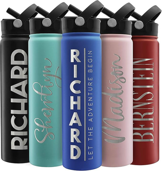 Amazing Items Personalized Water Bottle w/Straw & Lid, 24 oz - Navy Blue | Custom Stainless Steel Sports Water Bottle w/Name and Text - Double-Wall, Vacuum Insulated - Rotating Handle