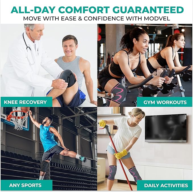 Modvel 2 Pack Knee Brace for Women & Men - Workout Knees Compression Sleeve for Knee Pain Relief Joint Support for ACL, Arthritis, Meniscus Tear Knees Brace for Sports, Rodilleras para Gym Fitness