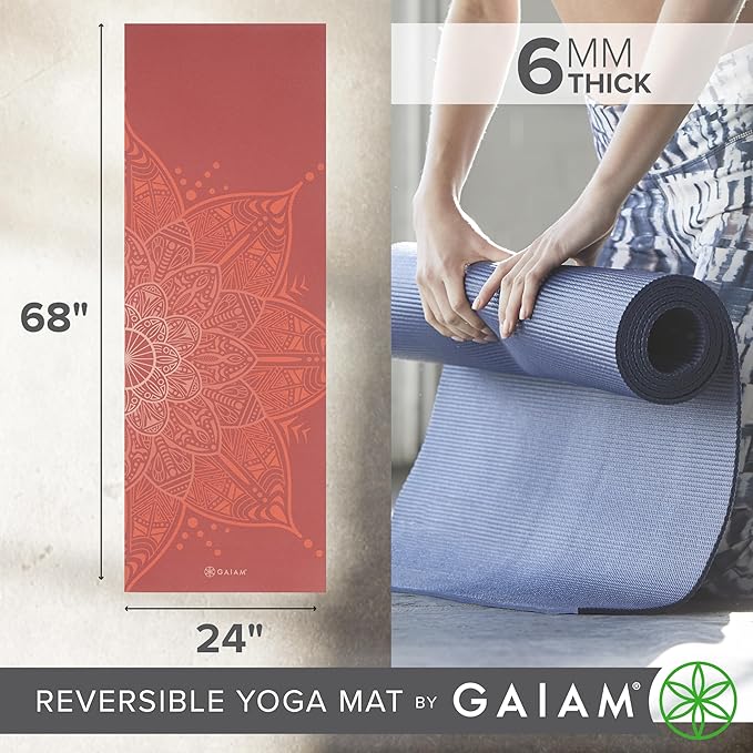 Gaiam Yoga Mat - Premium 6mm Print Reversible Extra Thick Non Slip Exercise & Fitness Mat for All Types of Yoga, Pilates & Floor Workouts (68" x 24" x 6mm Thick)