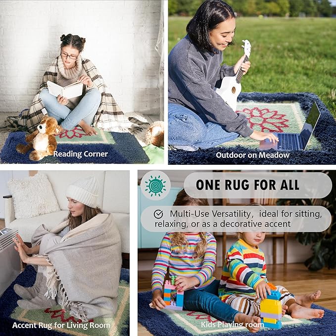 Himalayan 3 x 3 Navy Blue/Green Luxury Meditation Rug Mat Square Rugs | Thick & Supportive Yoga Mat with Non-Slip Base | Decorative Carpet & Accent Rug for Zen, Home Office & Living Room