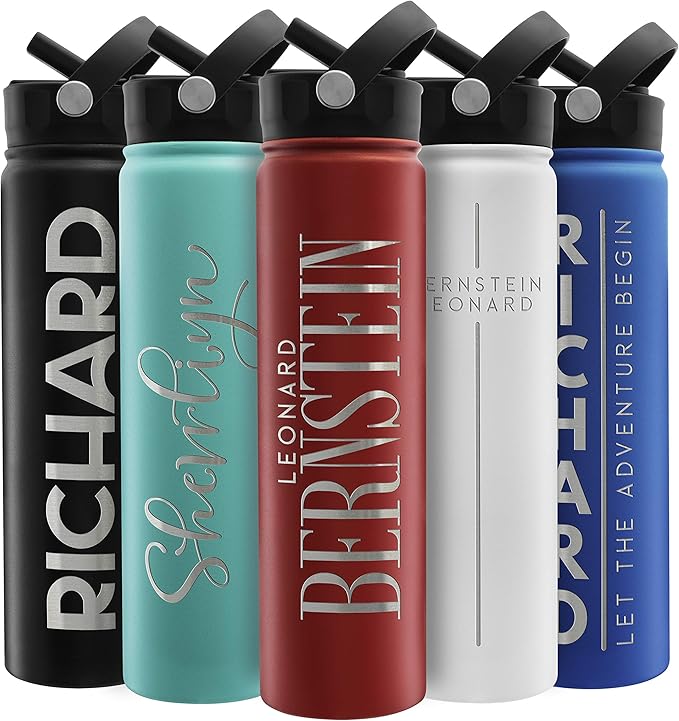 Amazing Items Personalized Water Bottle w/Straw & Lid, 24 oz - Fire Red | Custom Stainless Steel Sports Water Bottle w/Name and Text - Double-Wall, Vacuum Insulated - Rotating Handle