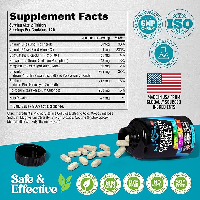 Electrolytes - Electrolyte Tablets with Magnesium, Sodium, Potassium, Chloride, Vitamins D3 & B6, Kelp Powder - Salt Pills - Made in USA - Oral Tablets as Capsules - Vegan & Keto Friendly - 240 Tabs