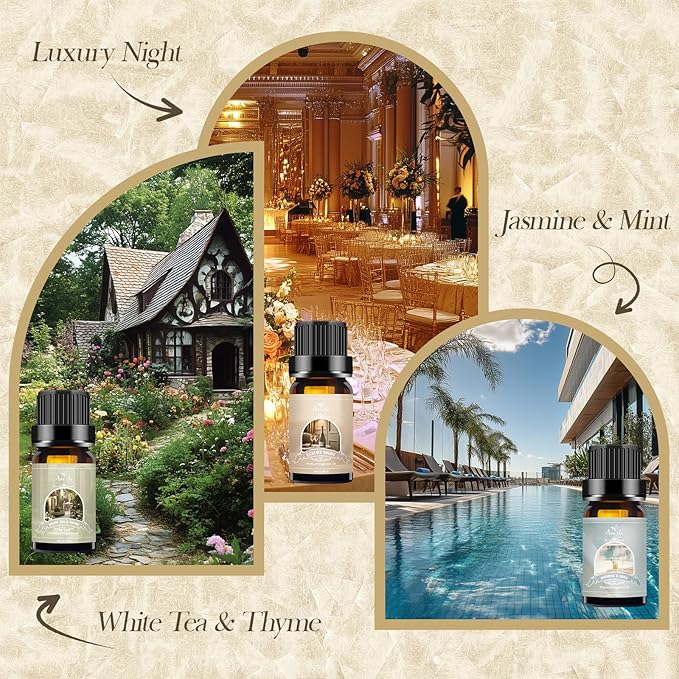 Hotel Essential Oils Set - 6 Premium Scents for Diffuser, Aromatherapy, Home, Spa, Candle Making, Fragrance Oil Set - Hotel Lobby, White Tea Thyme, Good Night, Jasmine Mint, Orange, Luxurious Night