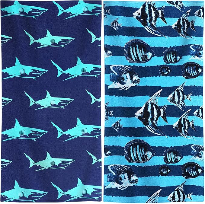 Genovega 2 Packs Oversized Beach Towel Set 36 x 72 in Large Big Pool Camping Swim Clearance Soft Towels Travel Essentials Accessories Must Haves Vacation Adult Necessities Gifts Clownfish Shark