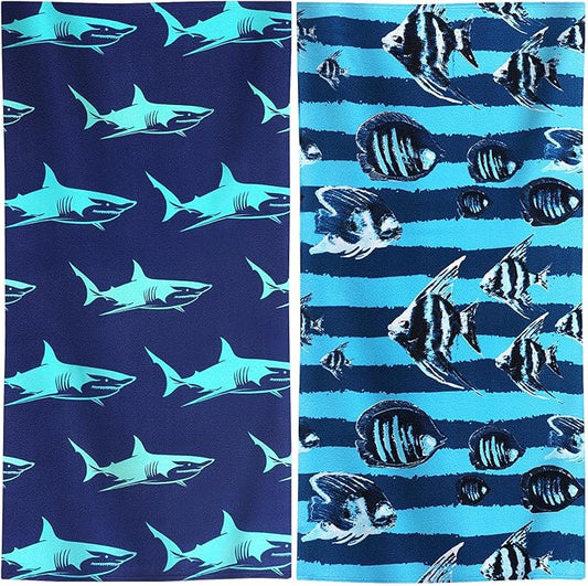 Genovega 2 Packs Oversized Beach Towel Set 36 x 72 in Large Big Pool Camping Swim Clearance Soft Towels Travel Essentials Accessories Must Haves Vacation Adult Necessities Gifts Clownfish Shark