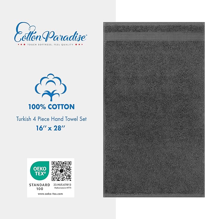 Cotton Paradise Hand Towels for Bathroom, 100% Cotton Turkish 4 Piece Hand Towel Set, Soft Absorbent Face Towels, Dark Gray Hand Towels