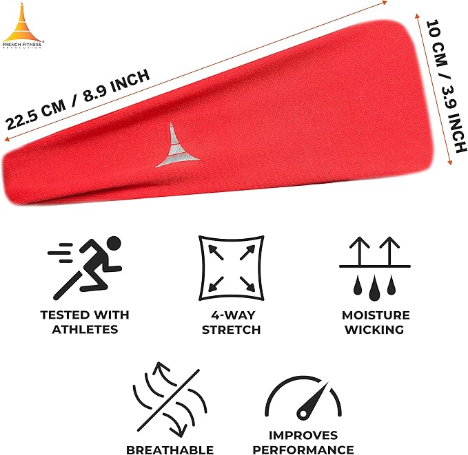 French Fitness Revolution - Stretchy Sports Headband for Men & Women - Guys Sweatband for Running, Cycling, Basketball, Yoga, Fitness - Moisture Wicking Workout Hairband - Made in Europe