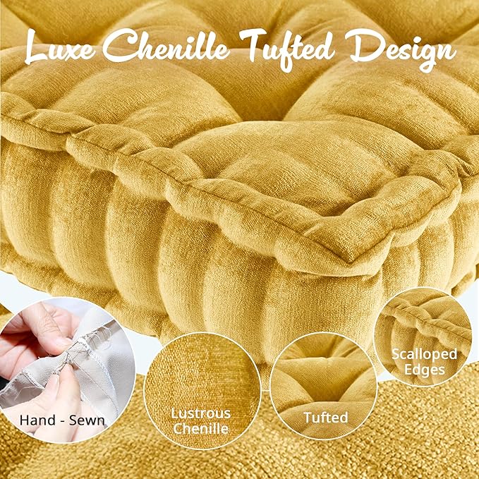Intelligent Design Azza Floor Pillow, Large Cushions Sitting for Adults, Floor Pillow for Meditation or Yoga, Lustrous Chenille Tufted with Scalloped Edges for Bench/Chair Cushion, 20"x20"x5" Yellow