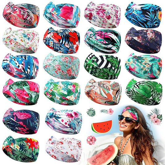 Jutom 20 Pcs Boho Headbands for Women Summer Beach Hawaii Floral Knotted Wide Vintage Headband Elastic Turban Head Wrap Bohemian Twisted Criss Yoga Hair Band Accessories