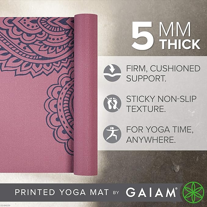 Gaiam Yoga Mat - Premium 5mm Print Thick Non Slip Exercise & Fitness Mat for All Types of Yoga, Pilates & Floor Workouts (68" x 24" x 5mm)
