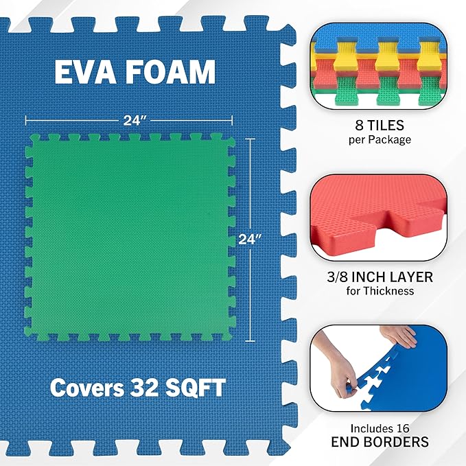 EVA Foam Mat Tiles 8-Pack - 32 SQ FT Interlocking Padding for Playroom or Gym Flooring - Workout Mat or Baby Playmat by Stalwart (Multicolor)