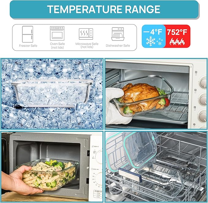 Vtopmart 2Pack 2260ml/ 76.4oz Large Glass Storage Containers with Lids, Meal Prep Food Container Set with Snap Airtight Lid for Baking, Microwave, Oven, Leak Proof, for Freezer, Dishwasher, Green