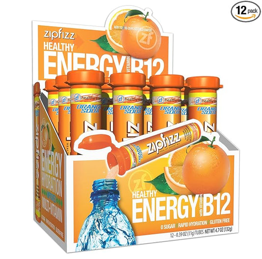 Zipfizz Daily Energy Drink Powder, Orange Soda, 12 Pack | 3-in-1 Sustained Energy, Rapid Hydration, and Essential Vitamins | Sugar-Free | Electrolyte Powder | Contains Vitamin B-12 & Antioxidants