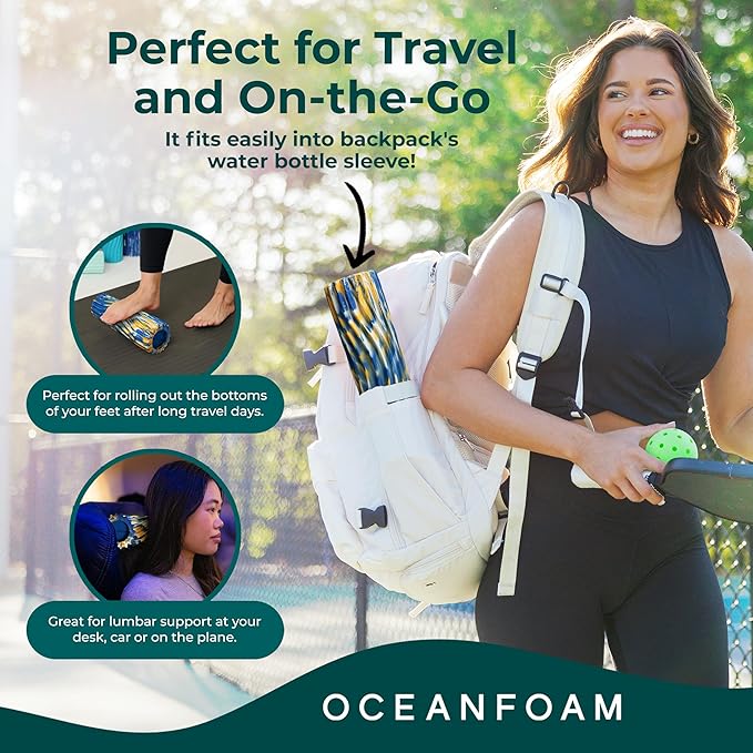 Oceanfoam Ripple Travel Foam Roller (11" x 3.35") Firm Mini Foam Roller for Physical Therapy, Deep Tissue Massage, Back Pain, High Density, Wave Textured, Yoga, Exercise (Royal Gold & Natural Marbled)