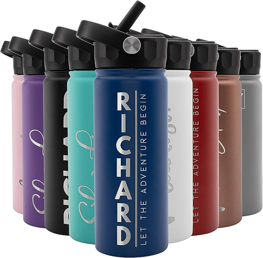 Amazing Items Personalized Water Bottle w/Straw & Lid, 18 oz - Navy Blue | Custom Stainless Steel Sports Water Bottle w/Name and Text - Double-Wall, Vacuum Insulated - Rotating Handle