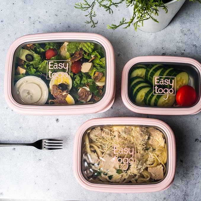 3 Pack Stainless Steel Food Containers with Silicon Lid & Non-Slip Exterior, LeakProof, Airtight Rectangular Portion Control Storage Lunch Box, Togo Lunch Containers for Adults - Pink