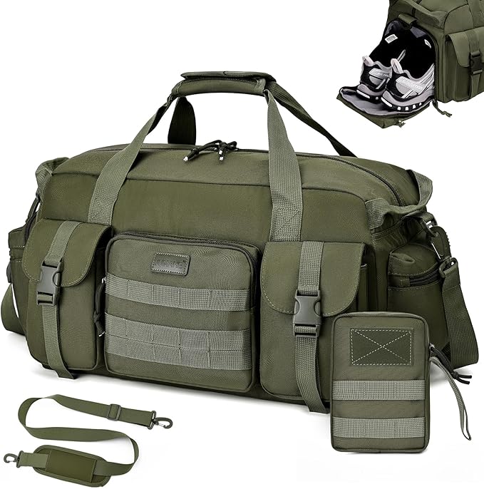 Duffle Bag for Men Women, Gym Bags & Tactical Duffle Bag with Shoe Compartment, Weekender Overnight Bag for Travel Workout, ArmyGreen