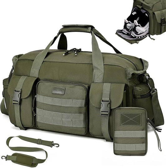 Duffle Bag for Men Women, Gym Bags & Tactical Duffle Bag with Shoe Compartment, Weekender Overnight Bag for Travel Workout, ArmyGreen