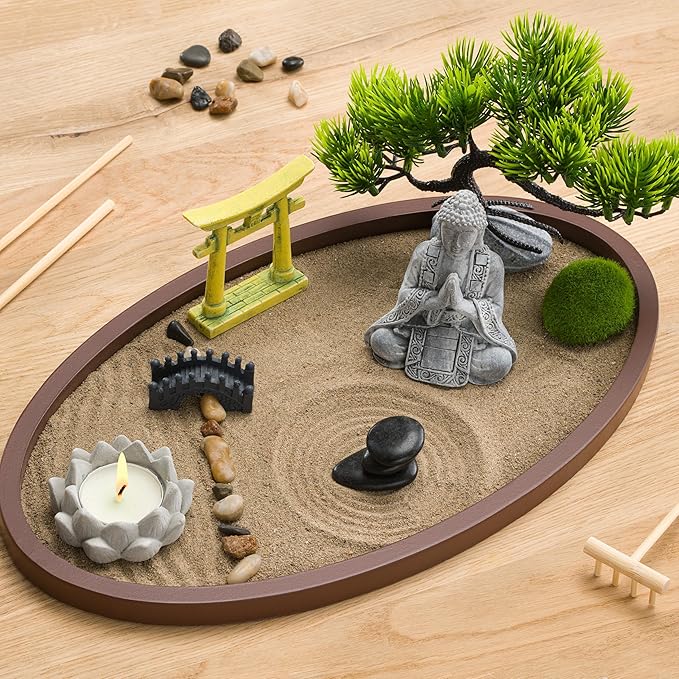 Zen Garden for Desk 13x8in – Japanese Decor with Buddha, Artificial Bonsai Tree, Tools & Accessories – Mini Zen Garden Kit for Office Desk, Home, Meditation Room, Desktop Gift Set
