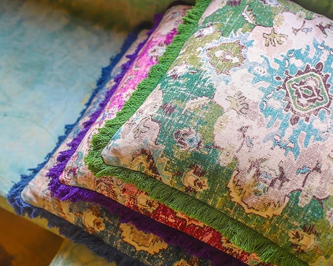 Mandala Life ART Square Meditation Cushion Cover with Fringes - 26 inches - Vintage Printed Purple Cotton Boho Chic Pillow Case