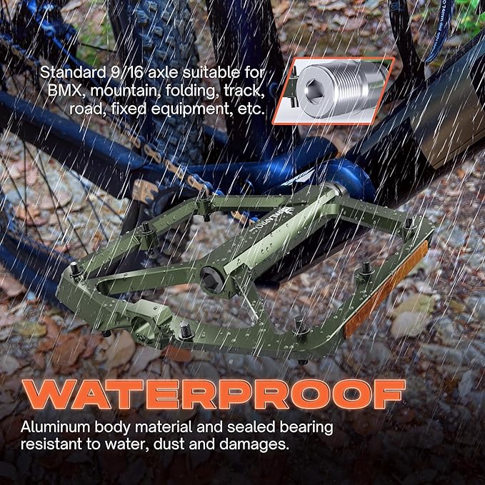 Flat Bike Pedals with Reflectors CNC Aluminium 9/16” – MTB Pedals with Extra Wide Platform and Removable Anti-Slip Pins – Lightweight Pedals for Mountain Bike & Road Bike 294 g