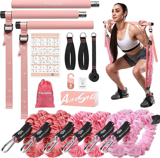 Pilates Equipment Pilates Bar Kit with 6 Fabric Wrapped Resistance Bands 20-180LBS for Women & Men Home Gym Exercise Fitness Full-Body Workouts Multifunctional Yoga Pilates Stick