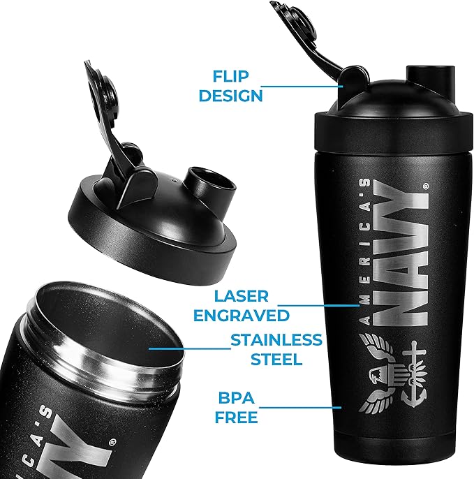 Military Gift Shop 24oz Navy Insulated Shaker Bottle with Engraved Logo–24oz Water Bottle–Cup for Protein Shakes | (Navy) Shaker