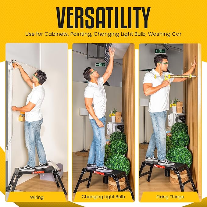 Folding Work Platform Stool – Holds 330 lbs - 19.68" H x 29.52" L Platform Step | Lightweight & Heavy-Duty | Black Aluminum Step Stool - Large Standing Surface - Easily Stored & Anti-Slip