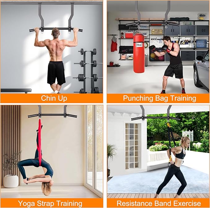 Pull Up Bar Ceiling Mount, 600LBS Heavy Duty Multi Grip Chin Up Bar, 24"/16" Rafter PullUp Bar, Ceiling Beam for Gym/Garage/Basement with Ball Finger & Round Anchors, Easy to Install