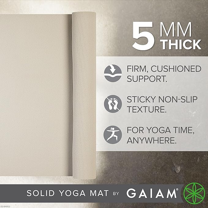 Gaiam Yoga Mat - Premium 5mm Solid Thick Non Slip Exercise & Fitness Mat for All Types of Yoga, Pilates & Floor Workouts (68" x 24" x 5mm)
