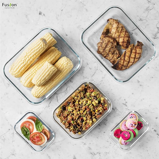 Fusion Gourmet Large Glass Food Storage Containers with Lids [5 Pack, 72 oz, 9 Cup], Airtight, Leakproof, Microwave and Oven Safe Borosilicate Glass