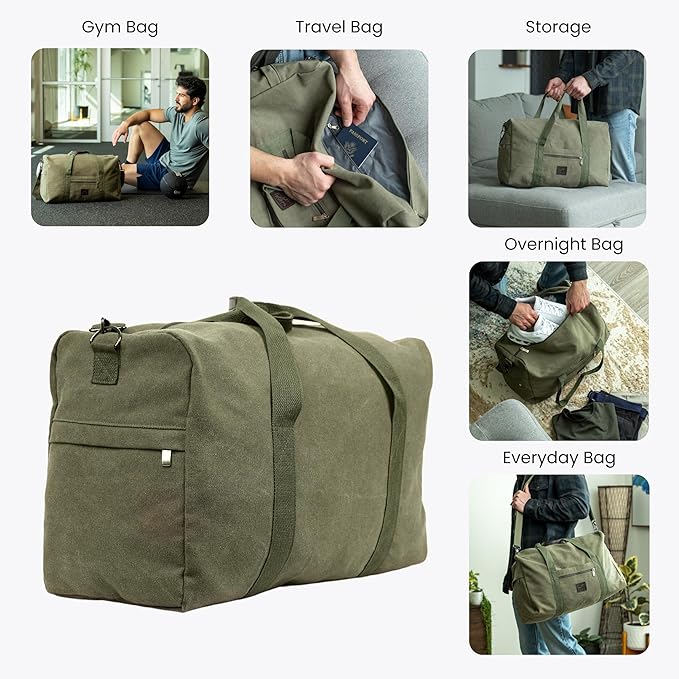 Canvas Duffle Bag – Multipurpose Bag for Travel, Gym, Weekender, Carry On & More – Durable, Spacious, Unisex Overnight Bag for Men & Women – Perfect for Sports, and Everyday Use (Green)