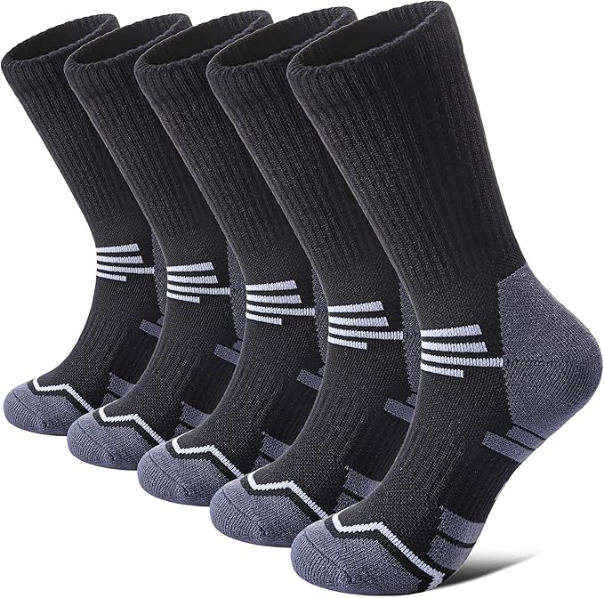 FNOVCO Women's Hiking Walking Running Crew Socks Thick Cushioned Athletic Compression Socks 5 Pairs